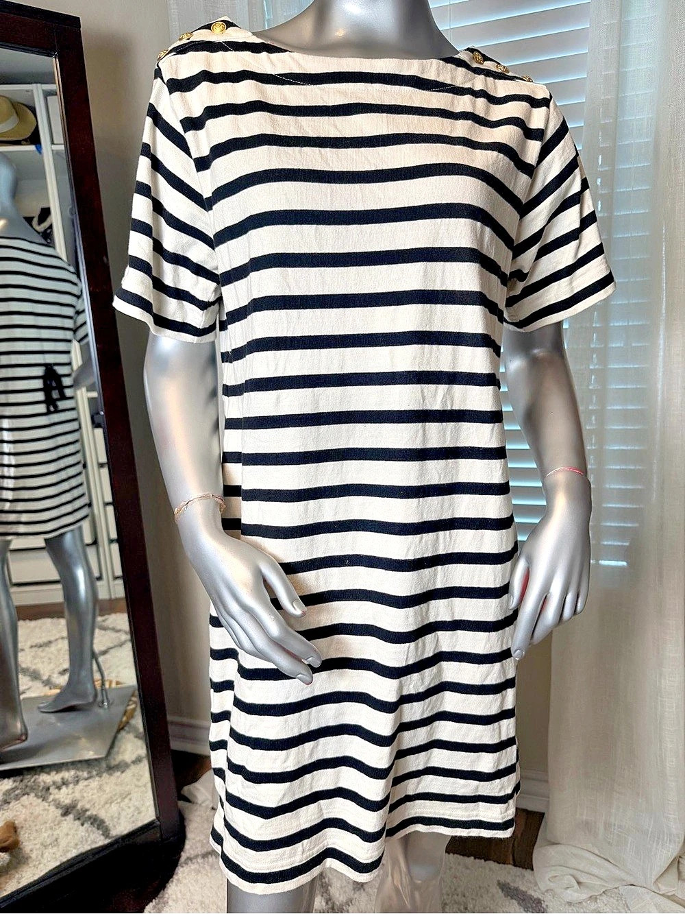 J. Crew Tie-back Mini Dress Black and White Strip Buttons Medium Classic Coastal